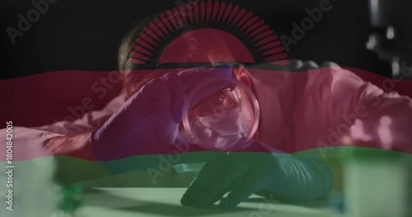 Obraz Leaning scientist holding glass sphere to eye at lab bench, white coat, blue gloves, flag overlay