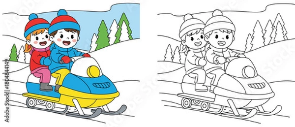 Fototapeta Coloring book page for kids. Cartoon vector illustration of happy children riding a snowmobile in a winter landscape with pine trees.