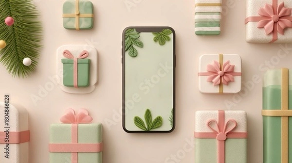 Fototapeta Digital marketing hero image: smartphone showing brand app, gift icons made of recycled paper, green leaf patterns, soft pastel holiday background