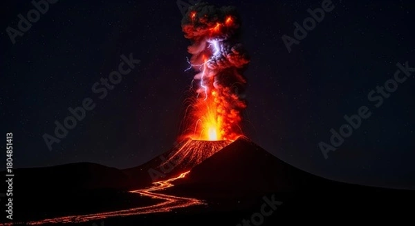 Fototapeta Volcanic Eruption at Night Fiery Lava Flow and Lightning Display Over Mountain Silhouette