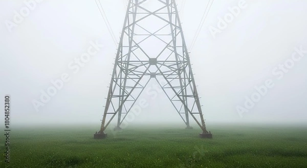 Fototapeta Misty Power Line A Field of Green and the Stark Lines of Modern Infrastructure