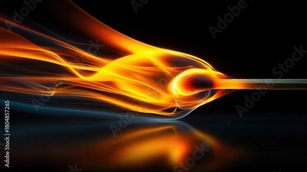 Fototapeta Igniting matchstick head with vibrant flame and glowing background smoke black against blue