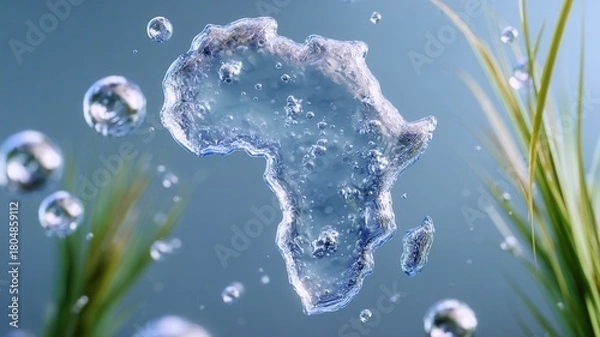Fototapeta Water map of africa symbolizing fresh water and scarcity issues, clean water over green vegetation flowing
