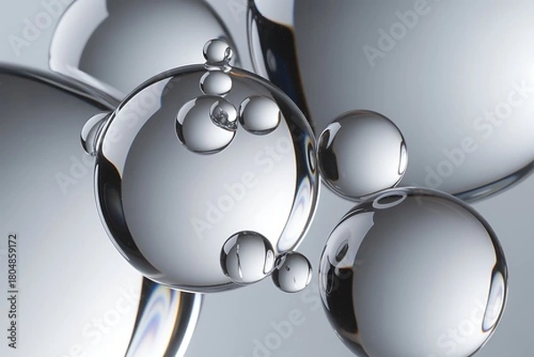 Fototapeta 3D rendering transparent liquid spheres with bubbles inside, showcasing clarity, texture, and purity ideal for skincare, serum ads, and high-end cosmetic branding.