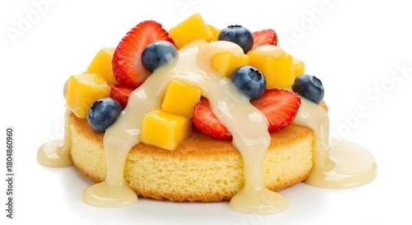 Obraz Delicious pancake with fresh strawberries mangoes and blueberries topped with creamy white sauce dessert idea