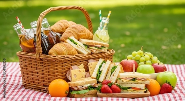 Obraz Outdoor picnic basket with sandwiches, croissants, fruits and drinks on a checkered blanket in the park
