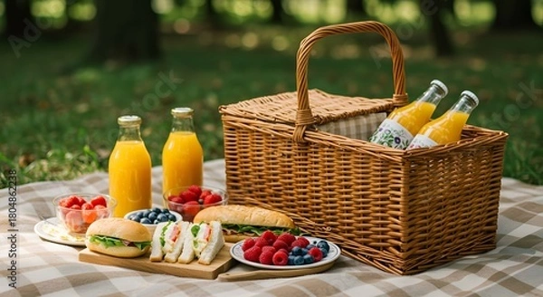 Obraz Outdoor summer picnic with wicker basket, sandwiches, juice, and fresh fruit for a relaxing day out
