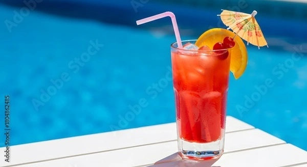 Obraz Refreshing summer cocktail by the pool, tropical drink with straw and umbrella, poolside vacation vibes