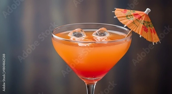 Obraz Refreshing summer cocktail recipe with ice cubes and umbrella garnish for tropical vacation vibes drink