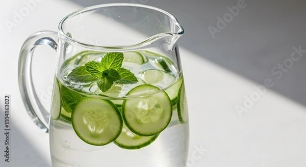 Obraz Refreshing infused water with cucumber and mint in a glass pitcher for healthy hydration drink recipe
