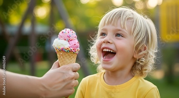 Obraz Happy child enjoys delicious ice cream cone with sprinkles on a summer day outdoor sweet treat dessert