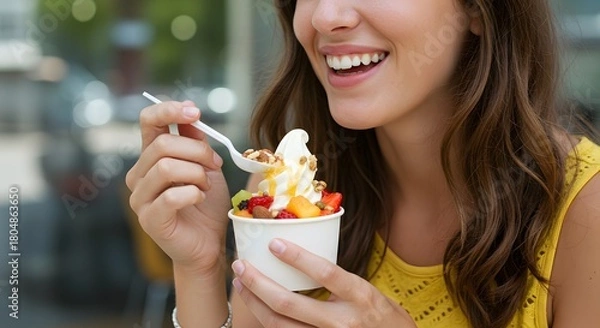 Obraz Enjoying frozen yogurt with fruit toppings a delicious and refreshing summer treat for a joyful moment