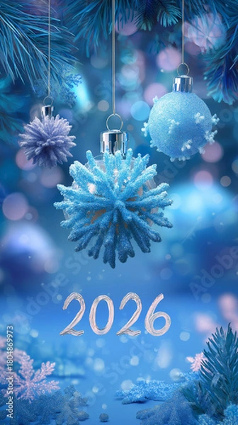 Obraz Happy New Year 2026 Text Christmas Gold Sparkles Bokeh Defocused Effect Vertical Background