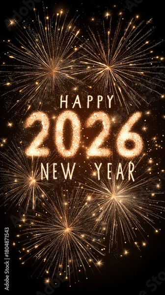 Obraz Happy New Year 2026 Text Christmas Gold Sparkles Bokeh Defocused Effect Vertical Background