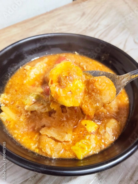 Obraz Spoonful Of Spicy Indonesian Seblak Crackers Dish Close Up