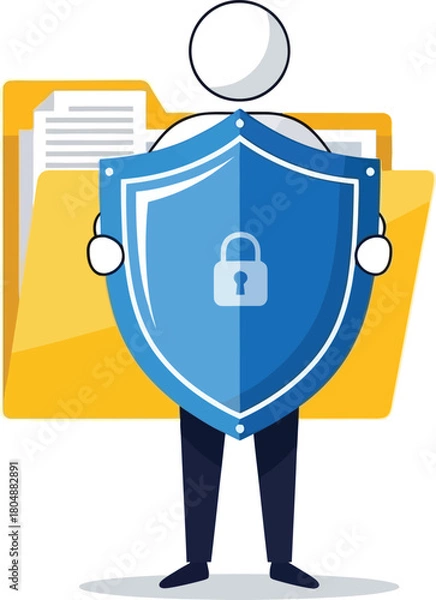 Fototapeta Simple vector illustration of person protecting data folder with shield icon, security theme