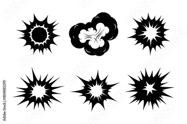 Fototapeta Collection of six black explosion and burst graphic elements isolated on