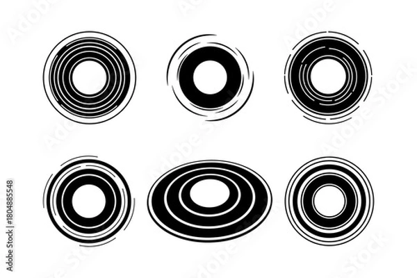 Fototapeta Set of six abstract concentric circles and ovals in black and white, isolated on
