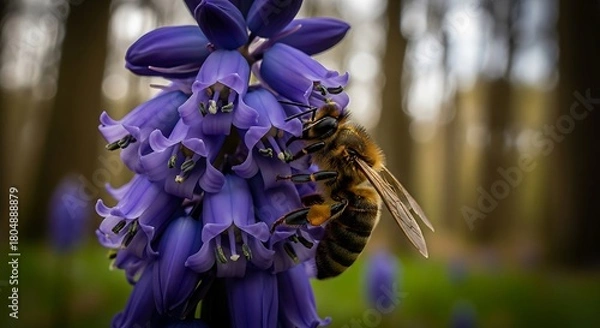 Fototapeta Close-up of a bee collecting nectar from a vibrant purple flower in a forest setting.