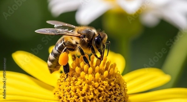 Fototapeta Close up of a bee collecting pollen from a bright yellow flower in macro photography.