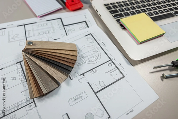 Fototapeta Laptop with color palette and wood samples on architect desk, interior renovation and design project