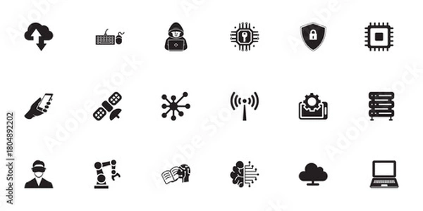Obraz Technology and Cyber Security Solid Vector Icons including AI and Cloud Symbols security, encryption, and privacy symbols in solid style