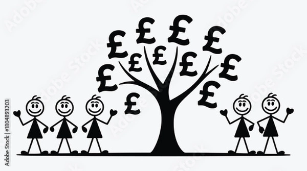 Fototapeta Money tree concept with stick figures and pound currency symbols