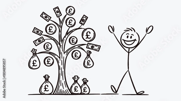Obraz Money tree with stick figure rejoicing for financial success and growth