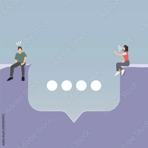 Fototapeta A modern flat vector illustration depicting a man and woman sitting on opposite edges of a large chat bubble