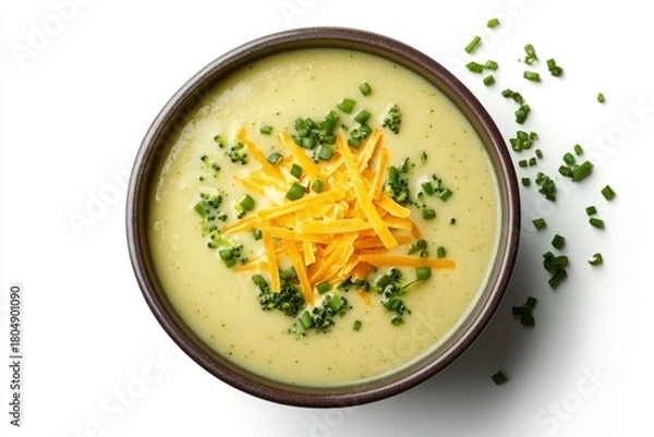 Fototapeta Top view of a bowl of creamy broccoli soup on a flat white background...