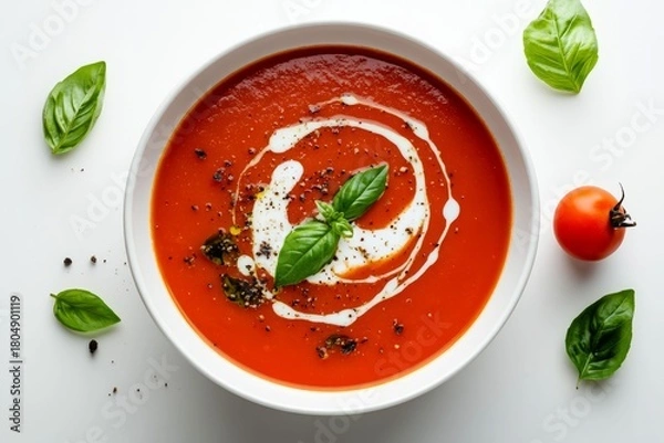 Fototapeta Top view of a bowl of classic tomato soup on a flat white background...