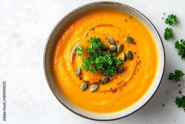 Fototapeta Top view of a bowl of creamy pumpkin soup on a flat white background...