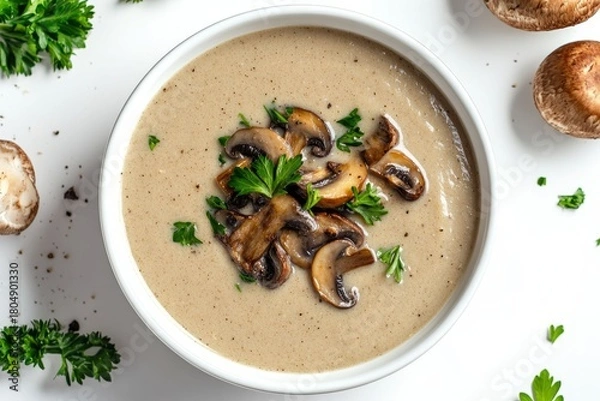 Fototapeta Top view of a bowl of creamy mushroom soup on a flat white background...