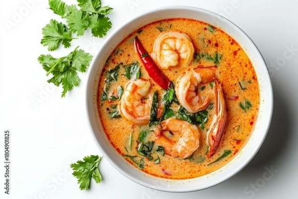 Fototapeta Top view of a bowl of spicy Thai coconut soup on a flat white background...