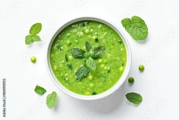 Fototapeta Top view of a bowl of vibrant green pea soup on a flat white background..
