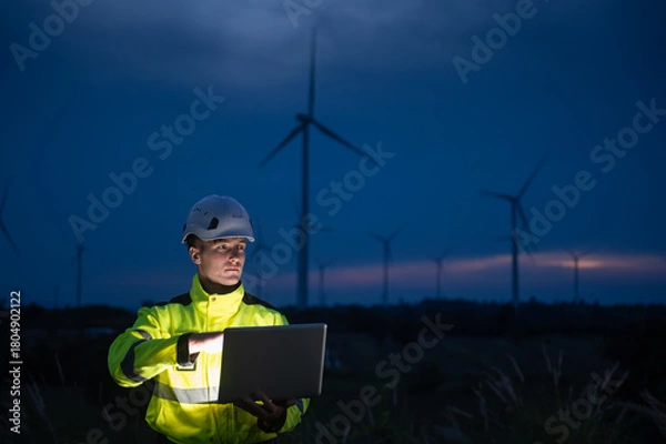 Fototapeta Engineers wearing safety helmets and jackets inspecting a wind turbine at a wind farm at dusk. Concept renewable energy.