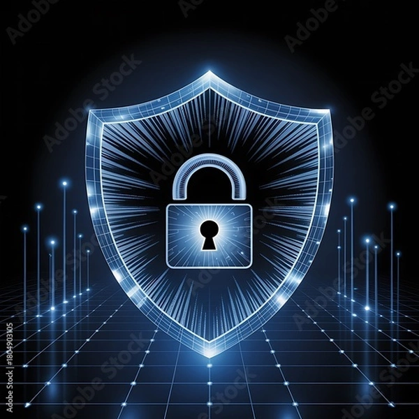 Obraz Cybersecurity shield and padlock icon protecting digital network grid.