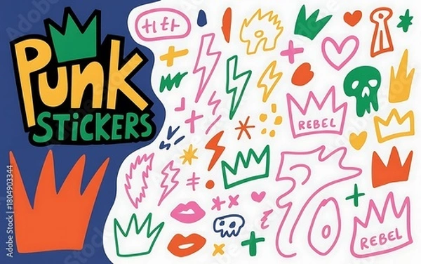 Obraz Hand drawn rebel punk stickers, crowns, skulls, lightning doodles