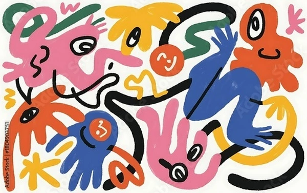 Obraz Abstract quirky doodle art with colorful organic shapes on white