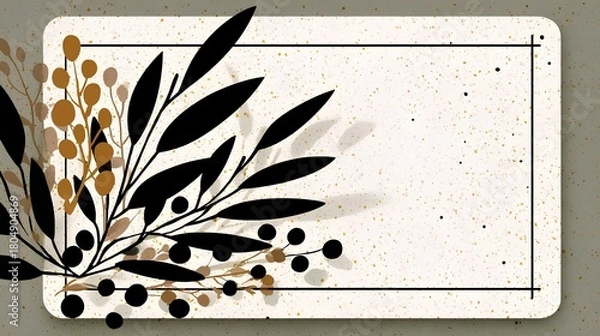 Fototapeta Elegant floral illustration featuring black leaves and golden accents on a textured background, providing a stylish frame for text or design elements with ample copy space