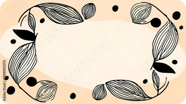 Obraz Elegant floral border illustration featuring hand-drawn leaves and abstract shapes on a soft pastel background, perfect for invitations, greeting cards, or decorative designs