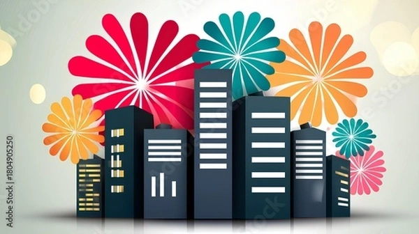 Fototapeta Colorful city skyline illustration with vibrant flowers in the background, showcasing modern architecture and a festive atmosphere, perfect for celebrations and events