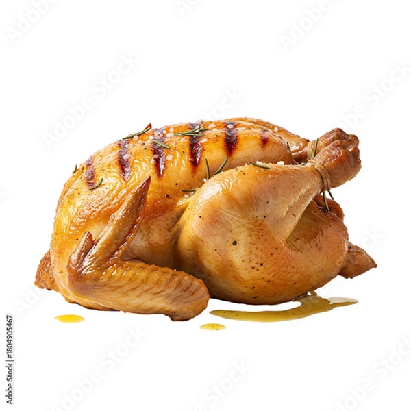 Fototapeta Roasted chicken with herbs isolated on transparent background, ready to eat