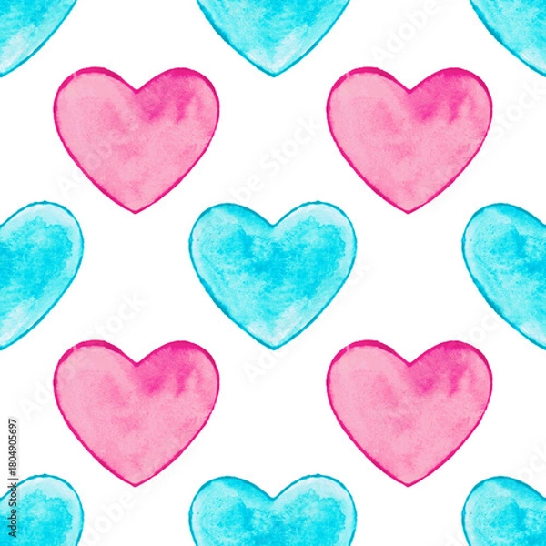 Fototapeta Watercolor hearts, seamless pattern on a white background. Hand-drawn illustration, tender Valentine's card.