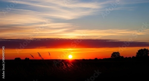Obraz A vibrant sunset with a silhouette of a tree and a field in the foreground, with a clear sky and warm colors.