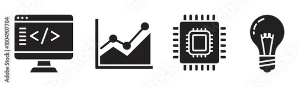 Fototapeta Four black glyph icons in a row symbolizing key business and technology concepts: programming, data growth analysis, microchip processing, and innovative ideas