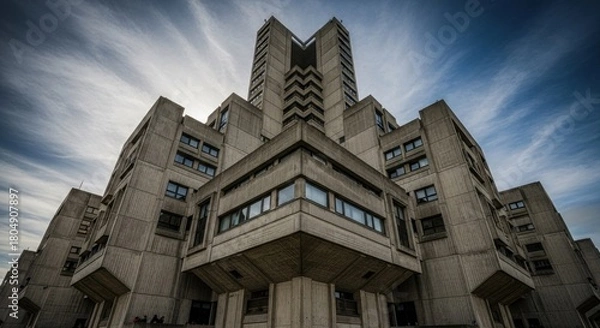 Obraz A large, imposing concrete building with a high, pointed tower, set against a blue sky with white clouds.