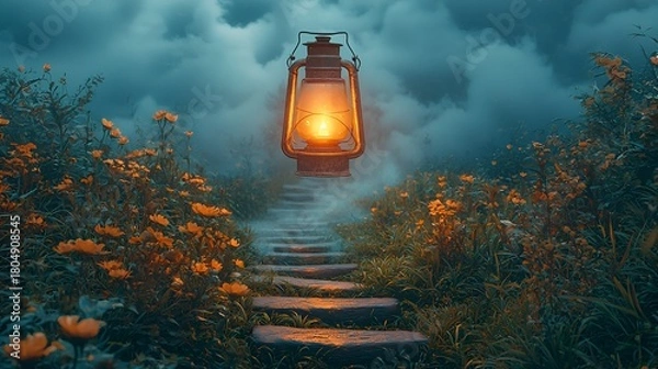 Fototapeta Glowing lantern on misty stone steps in a flower garden at night.