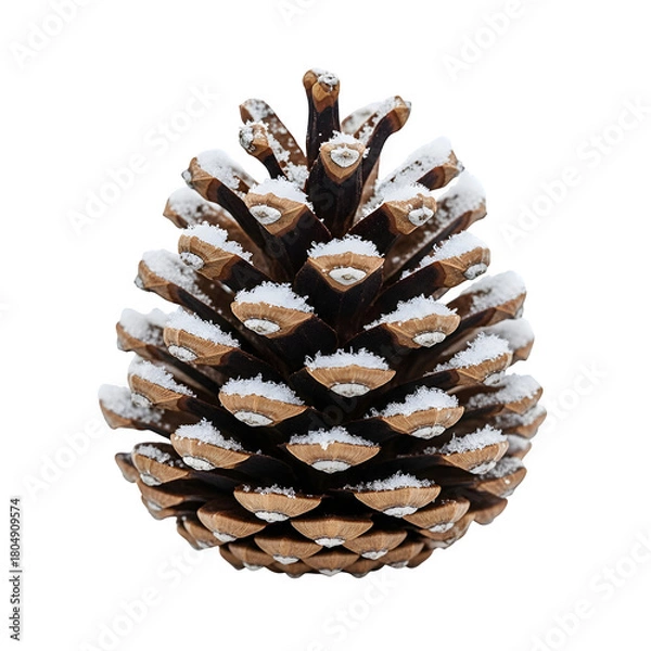 Fototapeta Pinecone dusted with snow, isolated on transparent background ultrarealistic