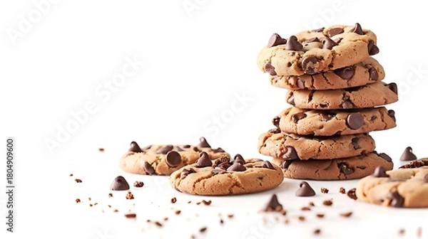 Obraz A stack of chocolate chip cookies with some cookies scattered on a white surface background
